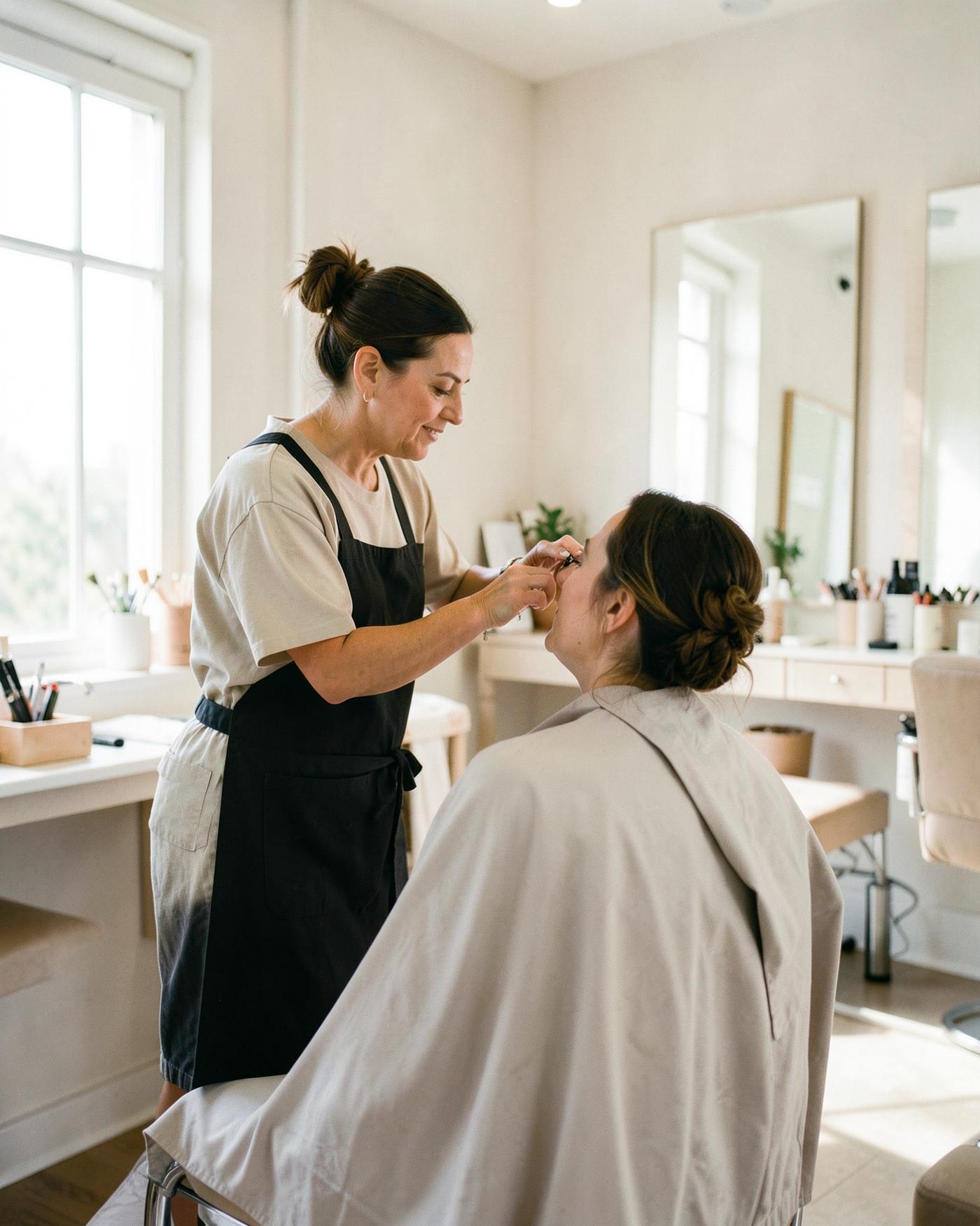 A stylist finishing a client's makeup at Tina's Salon and Day Spa
